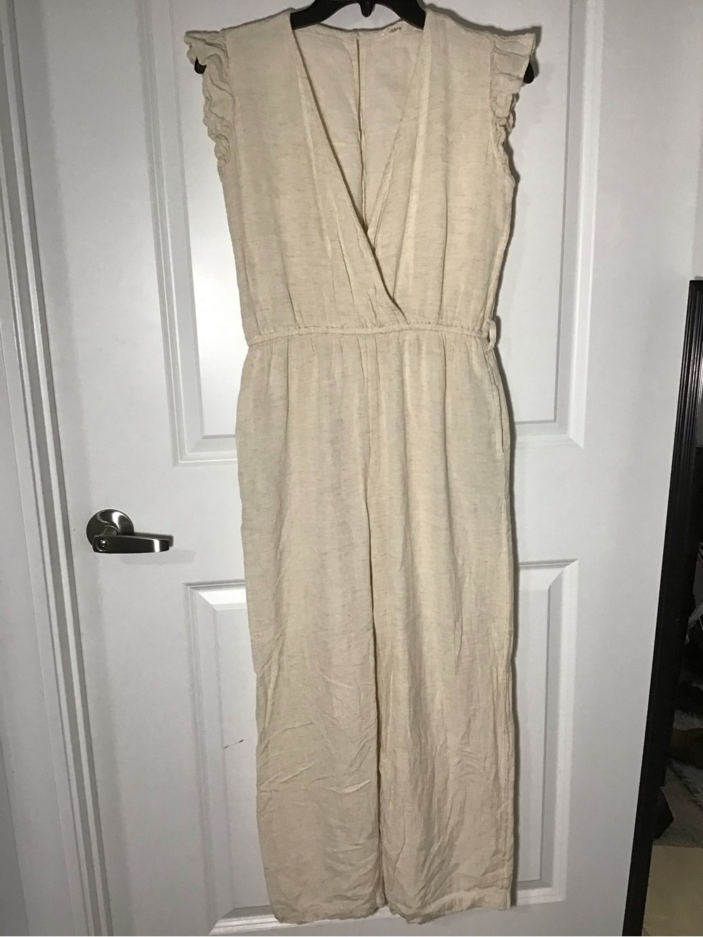 Women's Cream Linen-Blend Ruffle Sleeve Jumpsuit Size L
